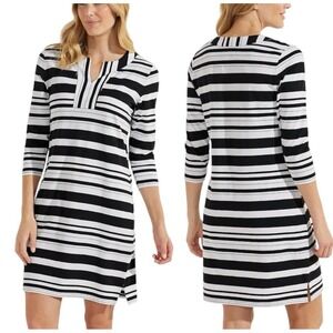 Coolibar Oceanside Tunic Dress Black White Striped UPF 50+ Resortwear Preppy L